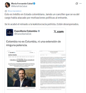 María Fernanda Cabal aseguró que es "inaudito" un ataque institucional contra un funcionario de un gobierno electo - crédito @MariaFdaCabal/X