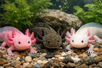 Tres ajolotes se observan de cerca en un acuario: uno rosa, uno marrón oscuro y uno blanco, posados sobre guijarros con plantas verdes al fondo.