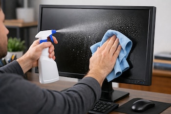Vista trasera de un hombre limpiando la pantalla de un monitor de computadora con un pulverizador blanco y un paño de microfibra azul.
