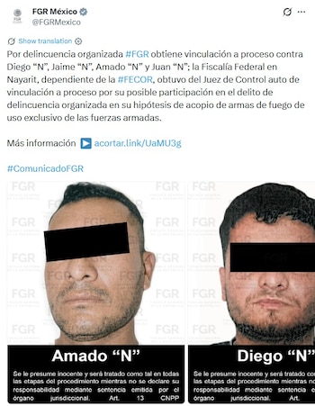 La FGR obtuvo una nueva vinculación a proceso contra cuatro hombres investigados por delincuencia organizada. (X @FGRMexico)
