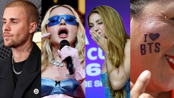 Justin Bieber, Madonna y Shakira en primeros planos. Una persona con la inscripción 'I love BTS' en la mejilla derecha