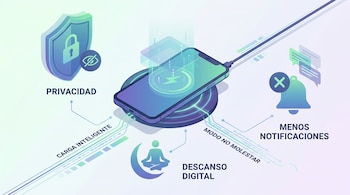 Ilustración digital: Un smartphone cargando boca abajo en una base inalámbrica, con iconos que simbolizan privacidad, descanso digital y notificaciones silenciadas.