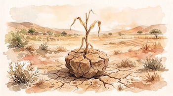 Pintura en acuarela de una planta marchita sobre un terrón agrietado en un campo árido con vegetación seca y colinas.