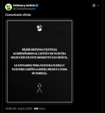 Captura de pantalla de un tuit del club Defensa y Justicia con un comunicado oficial en fondo negro con texto blanco, logo