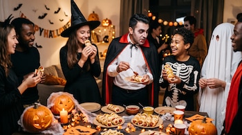 Personas con disfraces de bruja, vampiro y esqueleto comen salchichas envueltas en masa frente a una mesa con calabazas talladas y velas.
