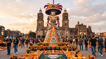 Escultura de calavera vestida con sombrero y flores, sobre un tapete decorativo en una plaza pública con personas y una catedral de fondo.