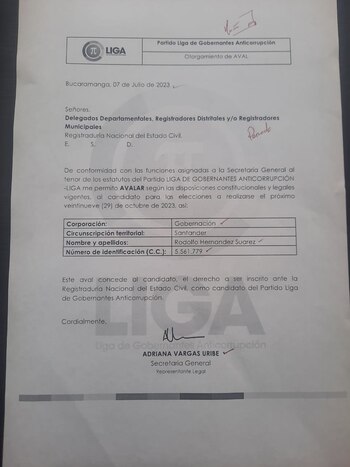 Rodolfo Hernández inscribió su candidatura a la Gobernación de Santander. Partido Liga de Gobernantes Anticorrupción.