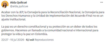 Aida Quilcué rechazó la eliminación de la JEP y dependencias clave en Colombia - crédito @aida_quilcue/X