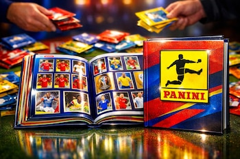 Primer plano de un álbum Panini abierto con páginas llenas de estampas de futbolistas y un álbum cerrado con el logo Panini. Manos y sobres desenfocados en el fondo.