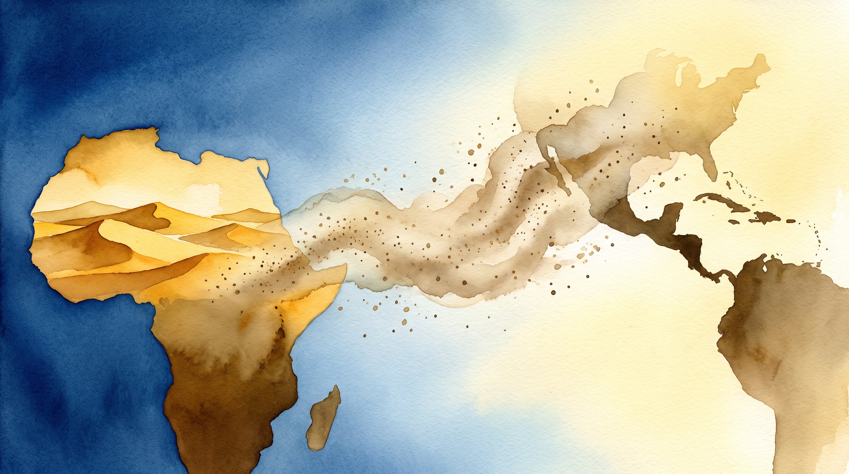 Una ilustración en acuarela representa el movimiento de la pluma de polvo del desierto del Sahara que cruza el océano Atlántico para llegar a las costas de Centroamérica y el Caribe. (Imagen Ilustrativa Infobae)