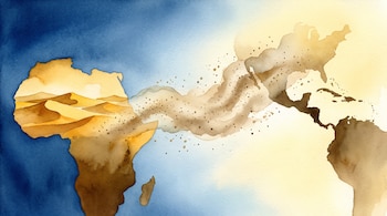 Ilustración en acuarela con silueta de África, dunas del Sahara, una nube de polvo sobre el océano Atlántico y las siluetas de Centroamérica y el Caribe.