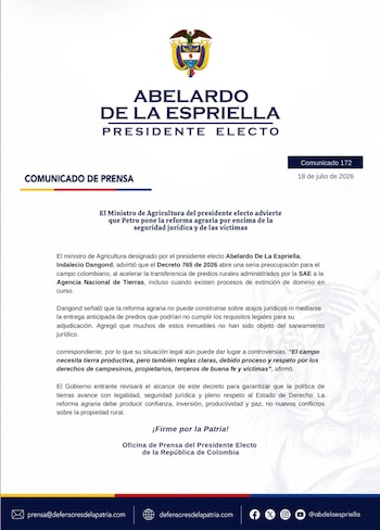 El ministro de Agricultura designado sostuvo que revisarán el decreto del Gobierno Petro - crédito Prensa Abelardo de la Espriella
