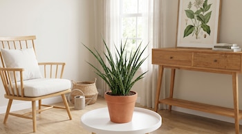 Planta en maceta sobre mesa blanca junto a un sillón de madera, una regadera, un canasto y una consola con cuadro botánico.