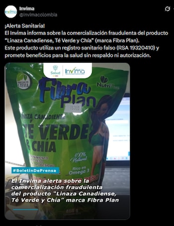 La autoridad sanitaria advirtió que “Linaza Canadiense, Té Verde y Chía” también ofrecía aliviar la gastritis y reducir colesterol, triglicéridos y glucosa sin respaldo - crédito @invimacolombia/X