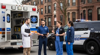 Un equipo multidisciplinario de profesionales, incluyendo médicos y personal de EMS y policía, dialoga frente a una ambulancia y patrulla en Boston.