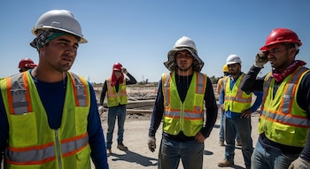 Grupo de trabajadores de construcción con cascos y chalecos reflectantes bajo el sol intenso. Varios hombres muestran sudor y cansancio, algunos cubren su cabeza.