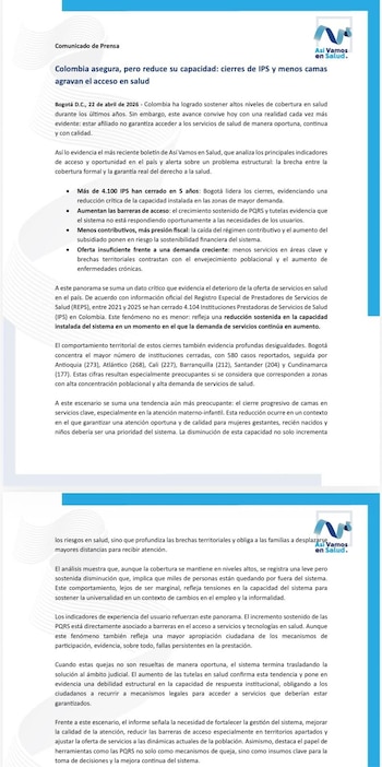 El cierre de más de 4.100 instituciones prestadoras de salud impacta la disponibilidad y calidad de la atención en el país - crédito Así Vamos en Salud