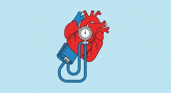 Ilustración minimalista de un corazón humano estilizado de color rojo, conectado a un manguito de tensiómetro azul y su medidor, sobre un fondo celeste.