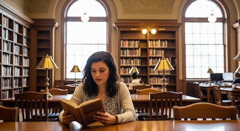 Una mujer joven de cabello oscuro sentada en una mesa de madera, leyendo un libro con tapa marrón. Detrás hay estanterías llenas de libros y grandes ventanas.