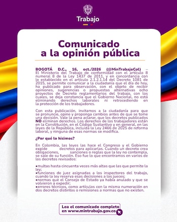 El proyecto sobre tercerización laboral deroga el Decreto 581 pero mantiene la prohibición de contratar a terceros para labores permanentes - crédito @MintrabajoCol/X