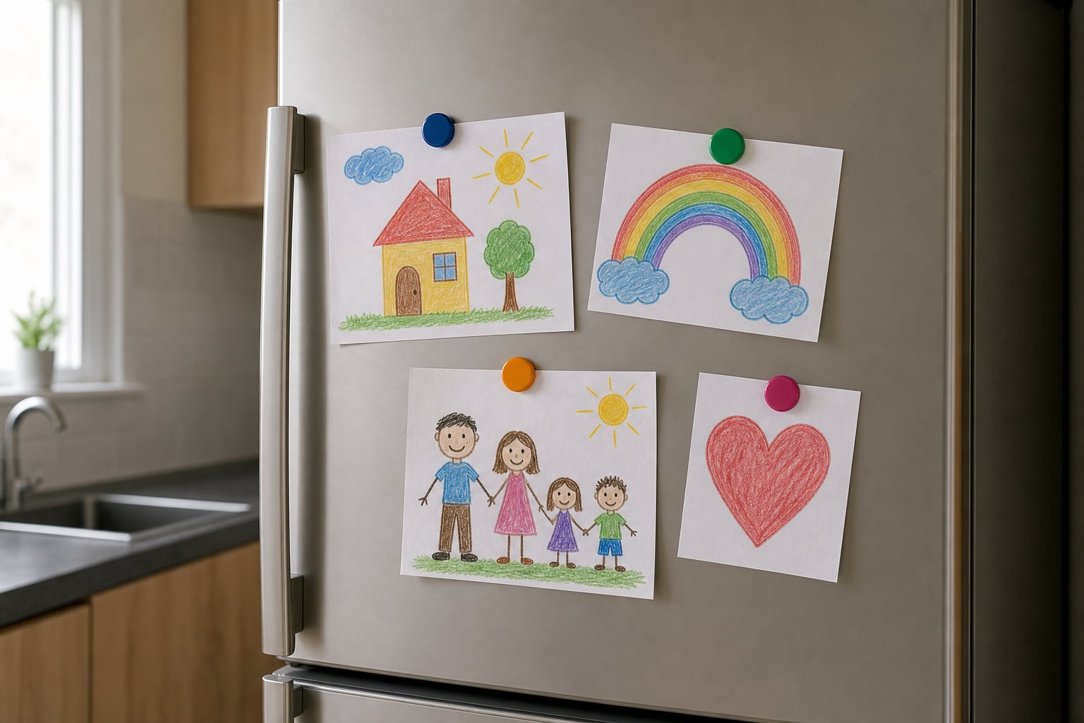 Diversos dibujos infantiles hechos sobre papel cuelgan sujetos con imanes coloridos en la puerta de un refrigerador dentro de una cocina. (Imagen Ilustrativa Infobae)