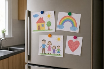 Cuatro dibujos hechos por niños adheridos con imanes circulares de colores a la puerta metálica de un refrigerador.