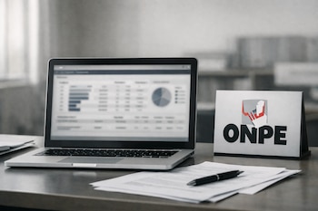 Laptop abierta con pantalla difuminada mostrando gráficos y tablas sobre un escritorio con papeles y un bolígrafo, junto a un cartel con el logo de ONPE.