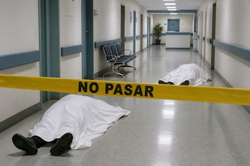 Dos cuerpos cubiertos con sábanas blancas yacen en el suelo del pasillo de un centro médico detrás de una cinta amarilla con el texto NO PASAR.