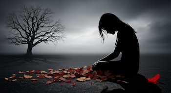 Silueta oscura de mujer sentada con la cabeza baja, rodeada de hojas de otoño y gotas rojas, con un árbol desnudo en un paisaje brumoso al fondo.