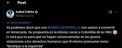 Isabel Zuleta contestó a la controversial propuesta de Abelardo De La Espriella - crédito @ISAZULETA