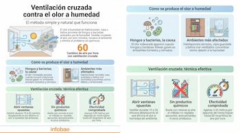 Infografía sobre ventilación cruzada para eliminar olor a humedad, con ilustraciones de ventanas abiertas, aire saliendo, hongos, bacterias, armario, baño, spray, y un medidor.
