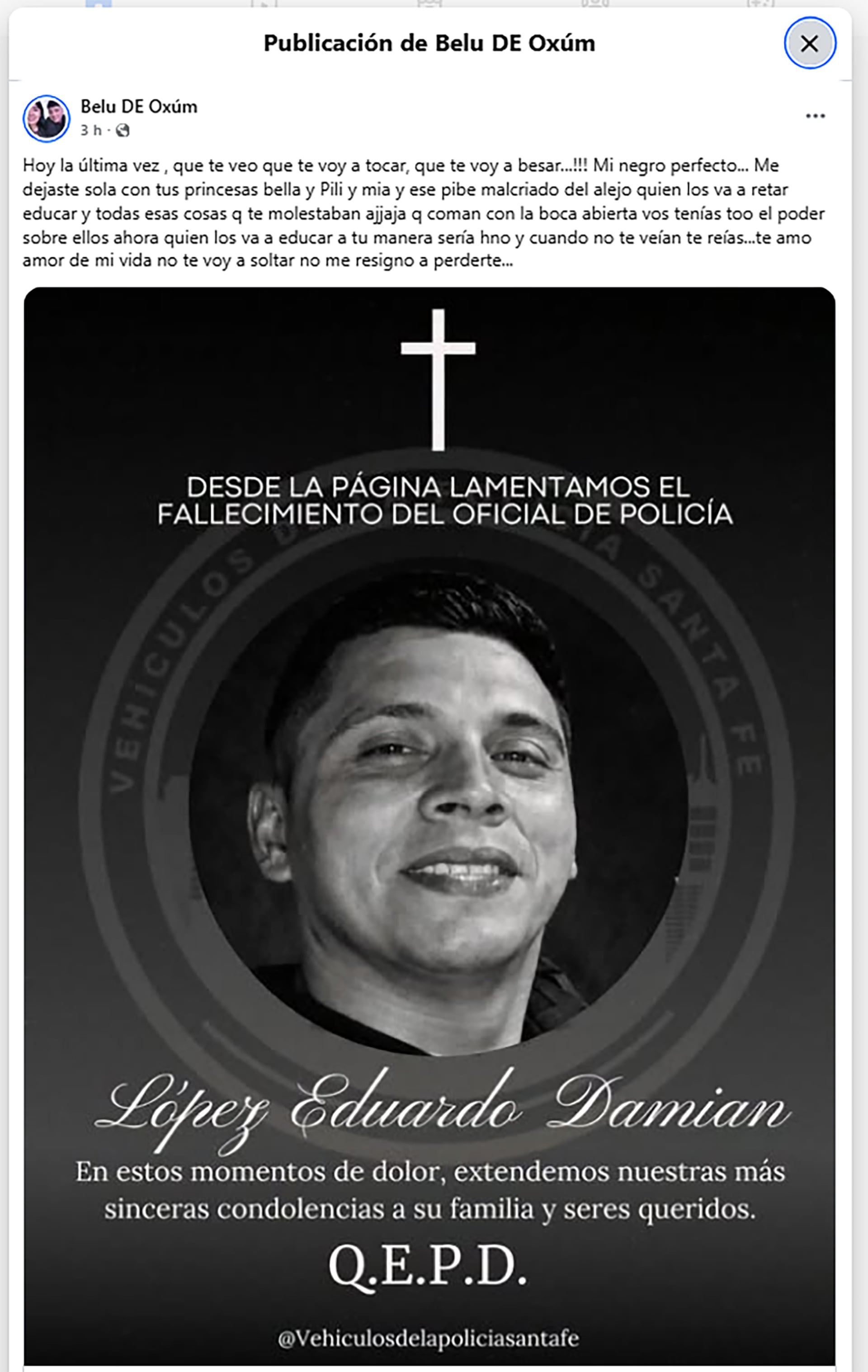 El desgarrador mensaje de despedida de la hemana del policía asesinado durante la final de un torneo de fútbol en Santa Fe.