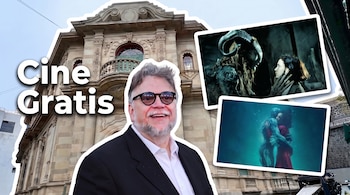 Guillermo del Toro sonríe junto al texto Cine Gratis, el edificio CASUL y fotogramas de El laberinto del fauno y La forma del agua.