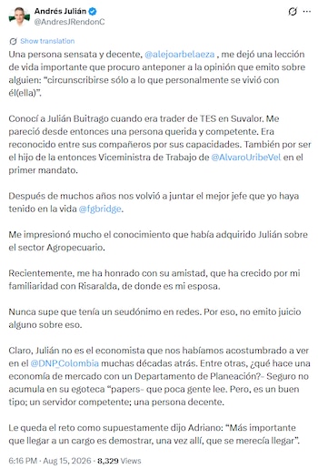 Rendón señaló que Buitrago tendrá el reto de demostrar con su desempeño que estaba preparado para asumir la dirección del DNP - crédito @AndresJRendonC/X