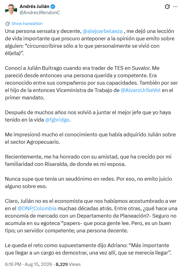 Rendón señaló que Buitrago tendrá el reto de demostrar con su desempeño que estaba preparado para asumir la dirección del DNP - crédito @AndresJRendonC/X