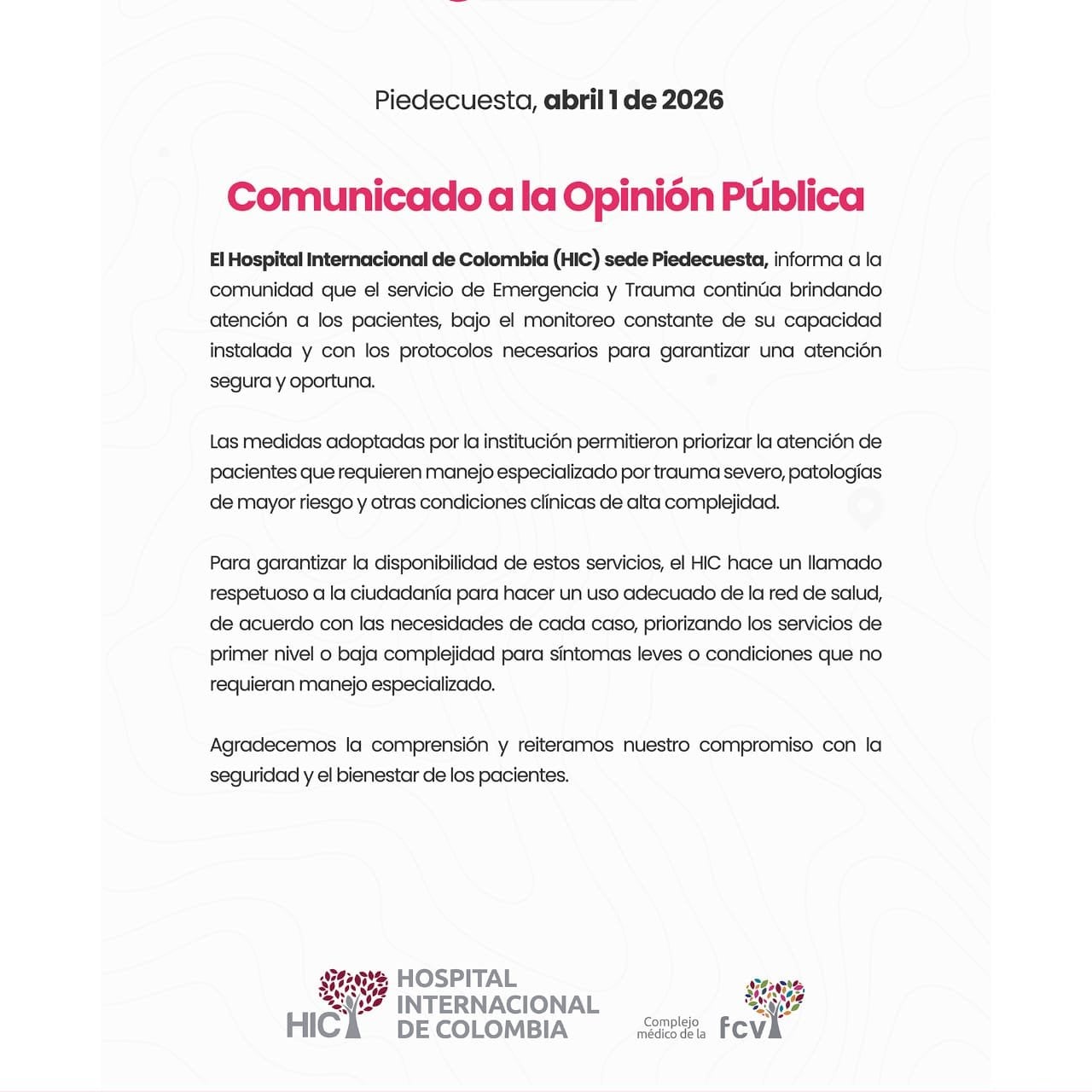 El hospital implementó protocolos de monitoreo y gestión de capacidad para restablecer la atención en el menor tiempo posible - crédito Hospital Internacional de Colombia (HIC)