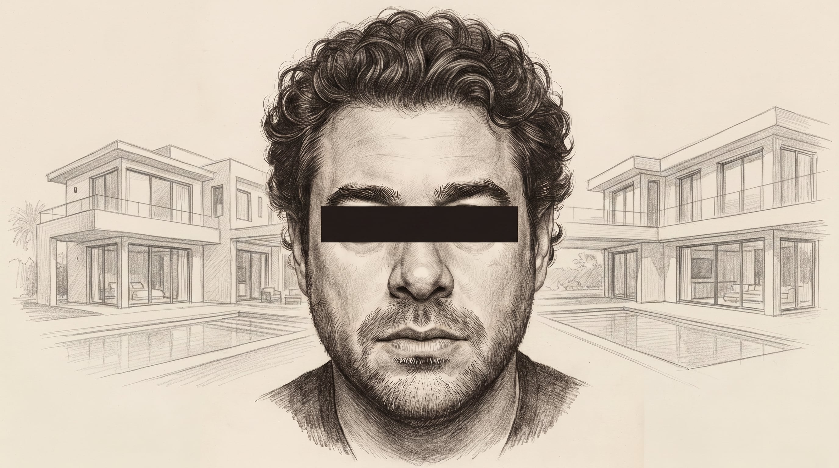 Un retrato a lápiz de Diego Sebastián Rosen Ferlini presenta una franja negra en los ojos sobre un fondo de residencias de lujo con piscina. (Imagen Ilustrativa Infobae)