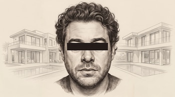 Dibujo a lápiz del rostro de un hombre con una barra negra sobre los ojos y dos casas modernas con piscina de fondo.