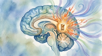 Ilustración en acuarela de un cerebro humano en corte lateral con la corteza insular granular caudal resaltada como un interruptor 'ON' emitiendo rayos naranjas y azules que se extienden.