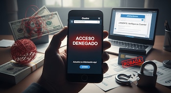 Mano sostiene teléfono con 'Acceso Denegado'. Sobre mesa: billetes, madeja de hilo rojo, portátil, tarjeta de crédito 'ROBADA', candado roto.
