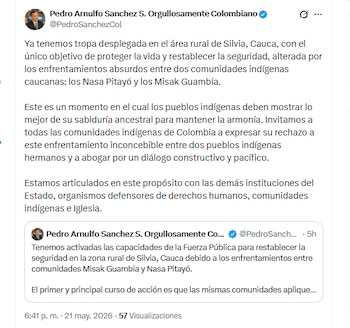 El ministro Pedro Arnulfo Sanchez S informó que se desplegó una tropa en el área rural de Silvia, Cauca, para controlar los enfrentamientos entre comunidades indígenas - crédito @PedroSanchezCol/X