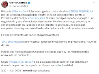 Gloria Cuartas afirmó que las declaraciones del mandatario electo desconocen los compromisos adquiridos en el proceso de paz. - crédito @GloriaCuartas/X