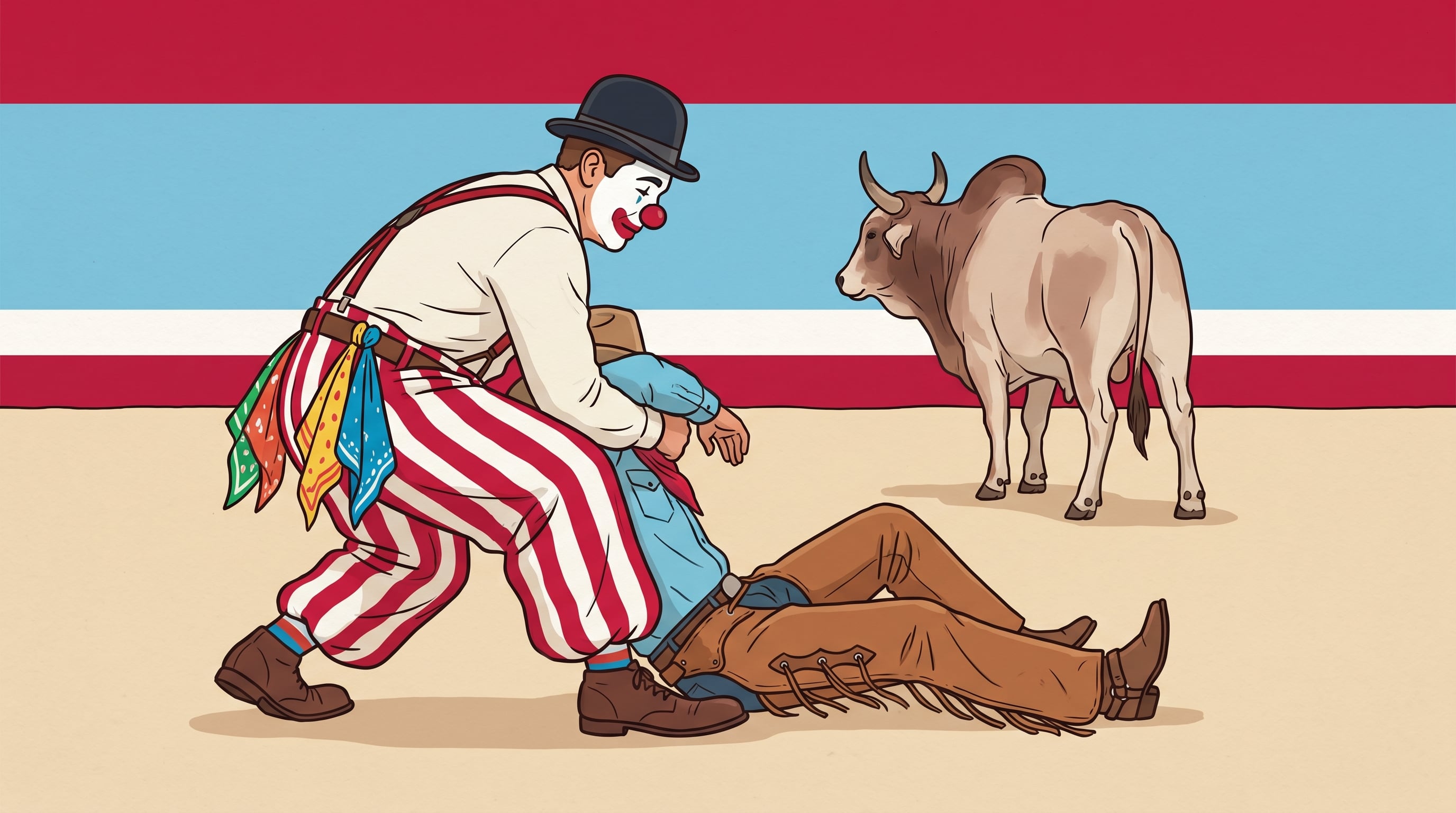 La ilustración muestra a un payaso de rodeo, con rostro pintado y sombrero bombín, mientras rescata a un jinete caído en la arena, con un toro Brahman al fondo, en una escena mexicana de los años 1920. (Imagen Ilustrativa Infobae)