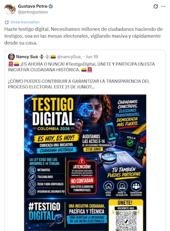 El presidente Petro hizo un llamado para que los ciudadanos e sumen a la verificación desde sus casas - crédito @petrogustavo / X