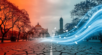 Imagen conceptual dividida por la mitad: lado izquierdo con tonos naranjas y suelo agrietado; lado derecho con tonos azules y estelas de luz. Edificios de CDMX al fondo.