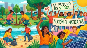 Ilustración de un grupo diverso de jóvenes realizando diversas actividades de activismo ambiental como plantar árboles, limpiar una playa, protestar y usar paneles solares.