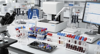 Microscopio, pipetas, gradillas con tubos de ensayo y muestras de sangre, frascos de laboratorio, equipo automático de pipeteo y monitor con gráficos.