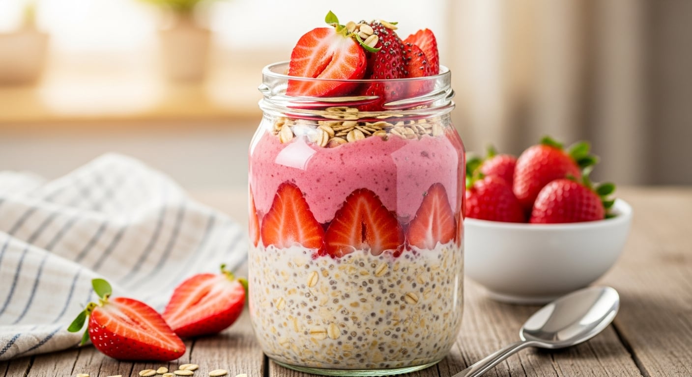 La receta de avena trasnochada ofrece un desayuno rápido, nutritivo y con inspiración en el clásico pie de fresa. - (Imagen Ilustrativa Infobae)