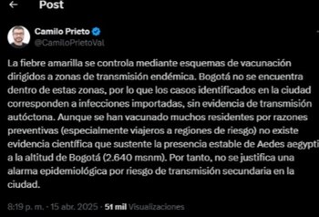 Camilo Prieto comentó por medio de su cuenta de X que la forma más efectiva de controlar la transmisión de esta infección viral es a través de la vacunación - crédito @CamiloPrietoVal/X