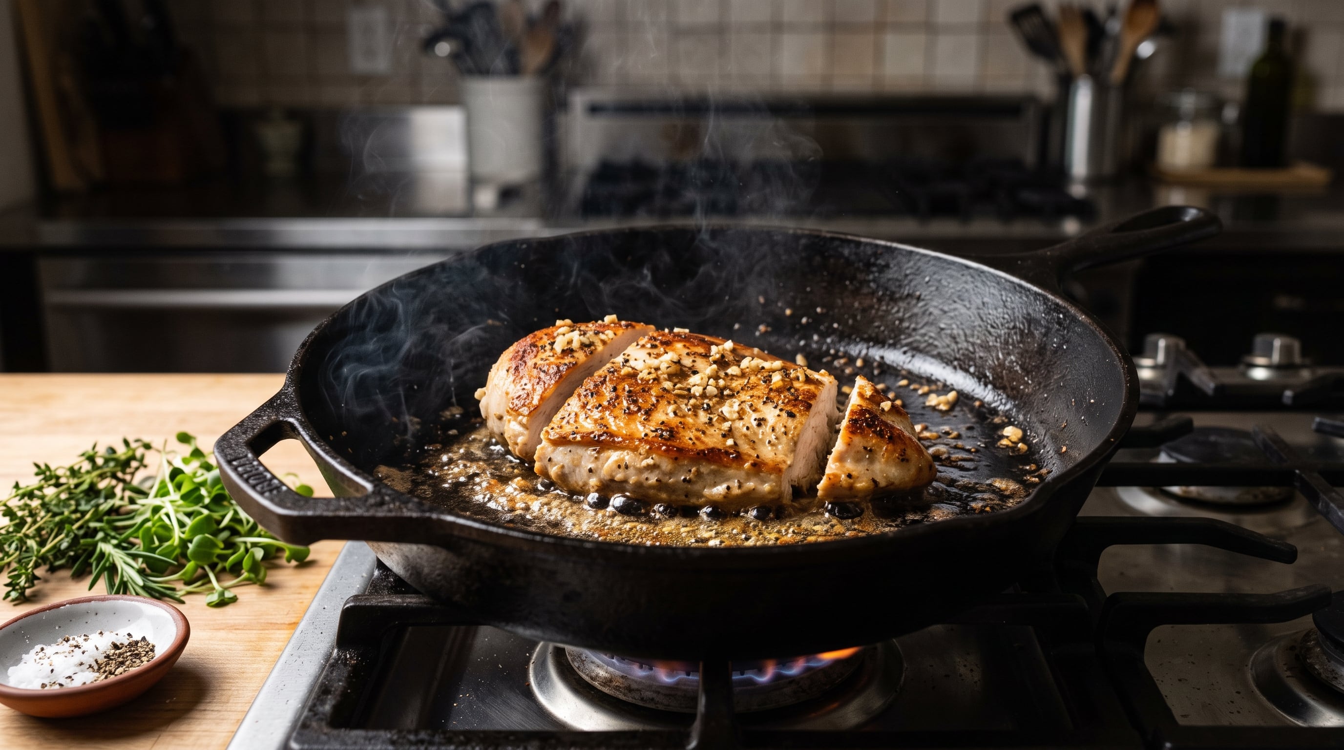 Una pechuga de pollo troceada y sazonada se cocina en una sartén de hierro fundido sobre la hornalla de una cocina. (Imagen Ilustrativa Infobae)
